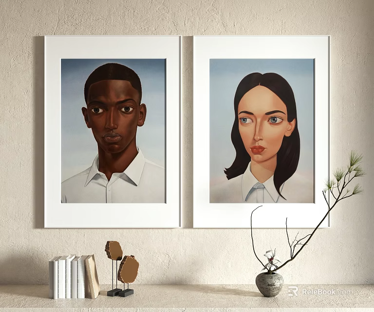Two Portrait Paintings in White Frames Depicting People in White Shirts on Interior Wall 3d model 