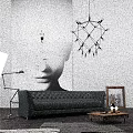 Modern Green Tufted Leather Sofa and Wooden Coffee Table Set with Geometric Chandelier and Artwork