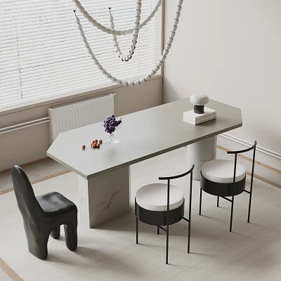 Modern Dining Table Set With Grey Tabletop Marble Legs And Black Chairs With White Cushions 3d model