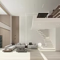 Modern Minimalist Loft Living Room Interior With Sofa And Staircase