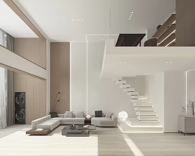 Modern Minimalist Loft Living Room Interior With Sofa And Staircase 3d model