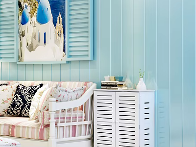 White Side Cabinet Console Table With Shutter Decorative Painting And Sofa In Light Blue Room 3d model