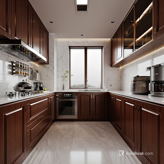 Modern Kitchen Interior With Open Layout Dark Wooden Cabinets Marble Walls And Coffee Machine 3d model 