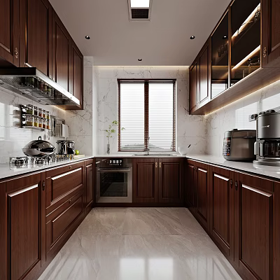 Modern Kitchen Interior With Open Layout Dark Wooden Cabinets Marble Walls And Coffee Machine 3d model