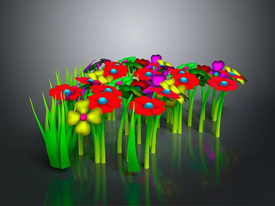 Colorful Garden Flowers With Green Stems And Vibrant Red Yellow Purple Petals 3d model