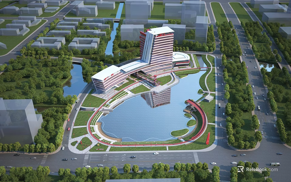 Modern Fire Station Architecture With Lake Greenery And Urban Park Surroundings 3d model 