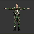 Male In Camouflage Military Uniform Standing With Arms Outstretched On Gray Background