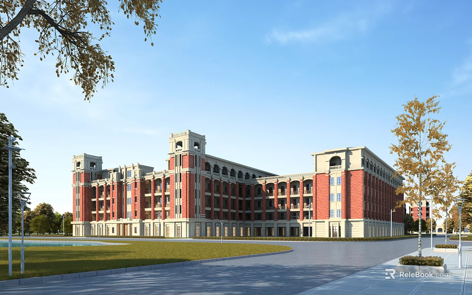 Large School Building With Red Brick Facade White Accents Towers Arched Windows And Green Lawn Area 3d model 