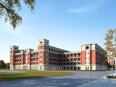 Large School Building With Red Brick Facade White Accents Towers Arched Windows And Green Lawn Area 3d model
