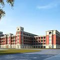 Large School Building With Red Brick Facade White Accents Towers Arched Windows And Green Lawn Area