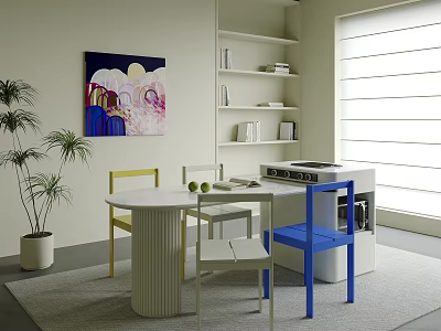Bar Counter in Interior with Yellow Blue White Chairs Potted Plant Painting Bookshelves Stove Window 3d model