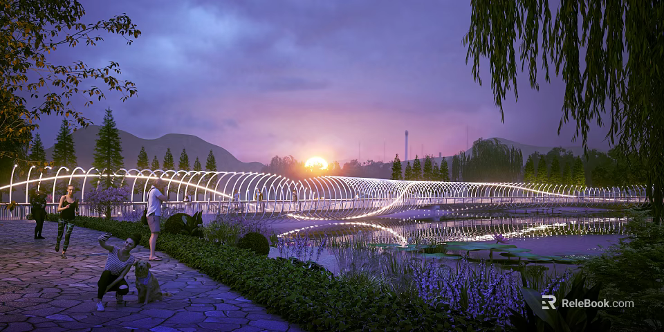 Illuminated Arc Shaped Bridge Over Water at Sunset Surrounded by Greenery Trees and People Walking 3d model 