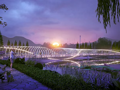 Illuminated Arc Shaped Bridge Over Water at Sunset Surrounded by Greenery Trees and People Walking 3d model