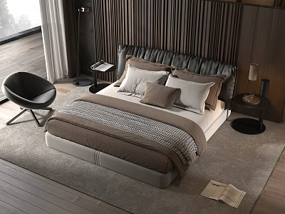 Modern Double Bed In Bedroom With Wooden Slat Wall Pillows Nightstand And Chair 3d model