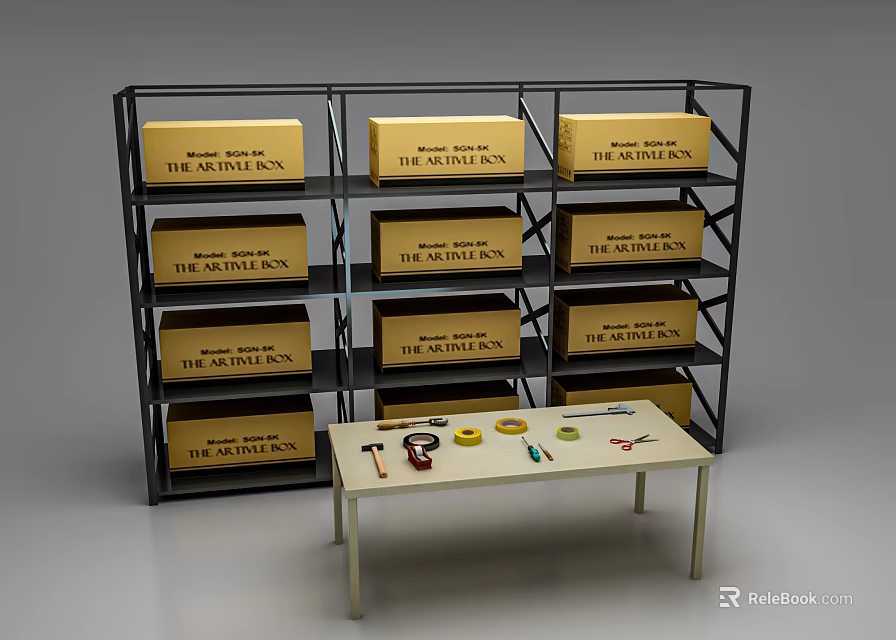 Display Shelving with Multiple The Academy Boxes and Small Table Containing Hammer Scissors Paints 3d model