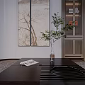 Dark Wood Coffee Table With Green Plant And Magazine On Gray Rug