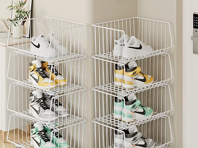 White Metal Multi Tier Shoe Rack Organizer For Storing Colorful Sneakers At Home 3d model