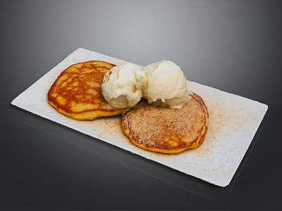 Fluffy Golden Pancakes With Two Scoops Of Ice Cream On White Ceramic Plate 3d model