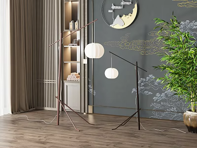Modern Floor Lamps With Round White Shades In Interior With Green Plant And Wooden Floor 3d model