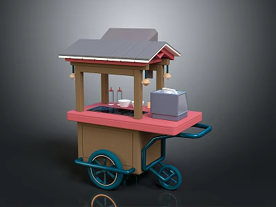 Mobile Food Cart With Gray Roof Red Trim Pink Countertop And Blue Wheels 3d model