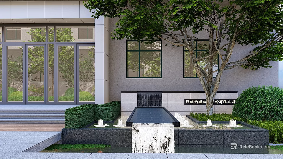 Modern Building Exterior With Decorative Water Fountain Greenery Tree And Steps 3d model 
