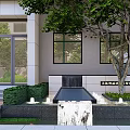 Modern Building Exterior With Decorative Water Fountain Greenery Tree And Steps