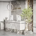Modern Reception Area with Stone Desk Wall Two Computers Decorative Elephant Sculpture and Green Plant