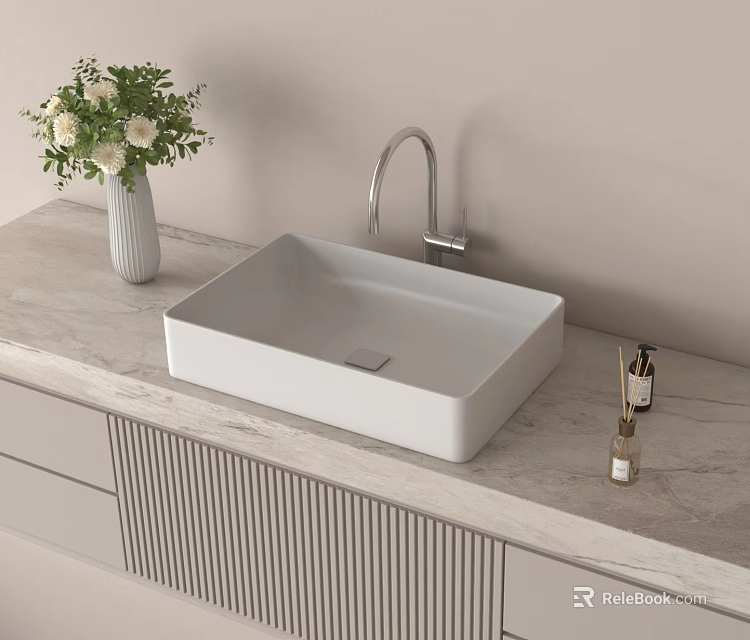 Modern White Square Washbasin With Chrome Faucet On Marble Countertop And Grey Striped Cabinet 3d model 