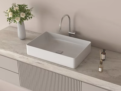Modern White Square Washbasin With Chrome Faucet On Marble Countertop And Grey Striped Cabinet 3d model