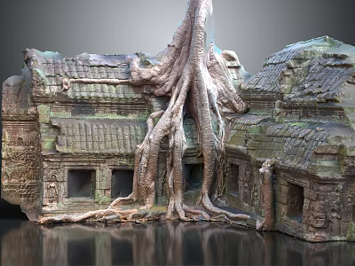 Cartoon Scene of Giant Tree Roots Wrapping Ancient Stone Buildings Tile Roofs And Square Windows 3d model