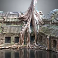 Cartoon Scene of Giant Tree Roots Wrapping Ancient Stone Buildings Tile Roofs And Square Windows