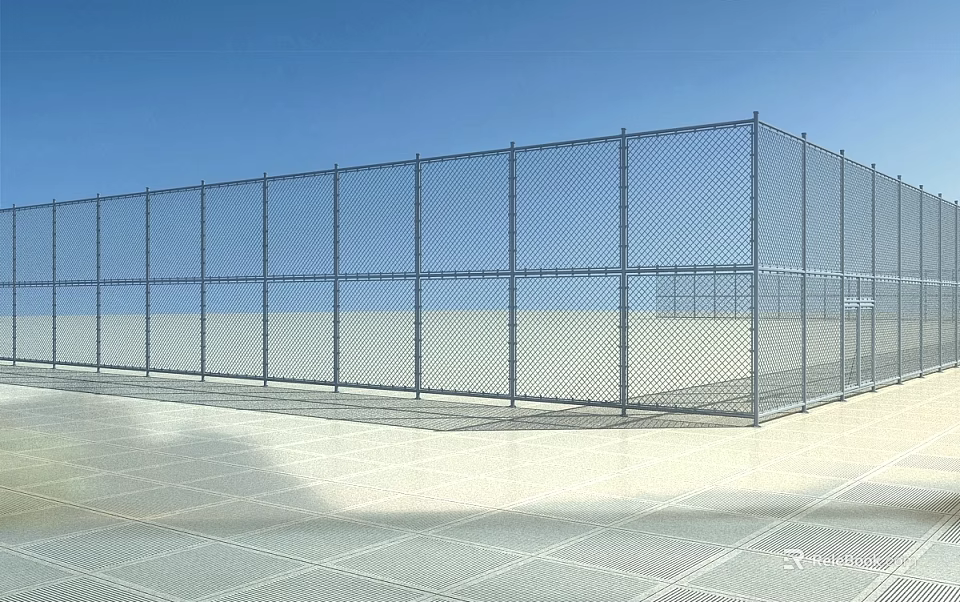 Large Outdoor Metal Chain Link Fence For Sports Area With Grid Floor And Blue Sky 3d model 