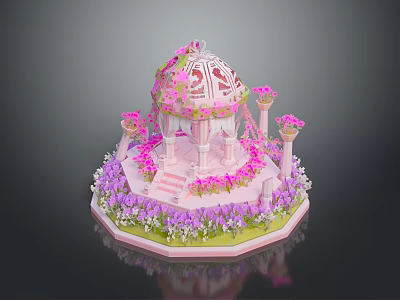 Pink Carved Dome Pavilion With Surrounding Pink Purple Flowers And Hexagonal Base In Garden 3d model