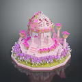 Pink Carved Dome Pavilion With Surrounding Pink Purple Flowers And Hexagonal Base In Garden