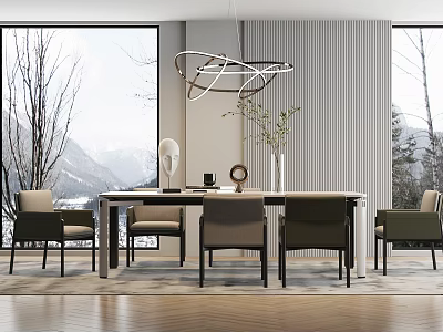 Modern Dining Table Set With Chairs Chandelier And Snow Mountain View Through Large Windows 3d model