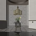 Elegant Modern Console Table With Chandelier Flower Arrangement Textured Wall And Checkered Floor