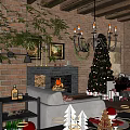 Cozy Living Room With Red Brick Fireplace Lit Fire Christmas Tree And Decorations