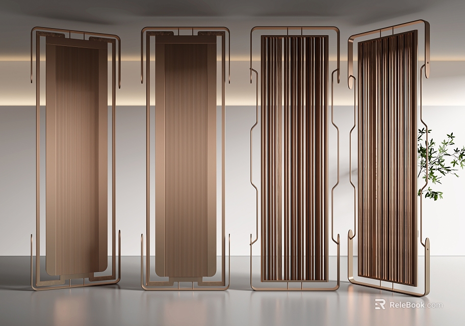 Elegant Modern Slatted Room Dividers With Metal Frames For Interior Design 3d model 