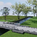 Scenic Garden Stepping Stones Path With Stone Bridge Stream Grass And Trees 3d model