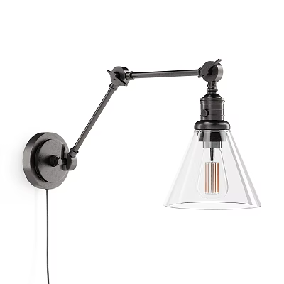 Adjustable Black Metal Arm Wall Sconce With Clear Glass Shade And Edison Bulb 3d model