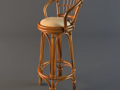 Rattan Bar Stool With High Back Upholstered Seat And Armrest Wooden Frame Design 3d model