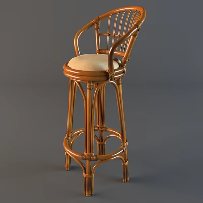 Rattan Bar Stool With High Back Upholstered Seat And Armrest Wooden Frame Design 3d model