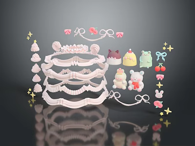 Colorful Desserts Displayed On Tiered Stand With Teddy Bear Figurines Star Decorations And Bows 3d model