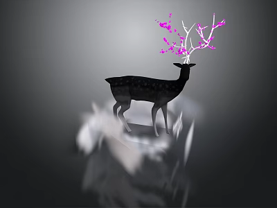 Black Deer With Pink Branch Like Antlers Standing On Rock Structure Gray Background 3d model