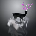 Black Deer With Pink Branch Like Antlers Standing On Rock Structure Gray Background