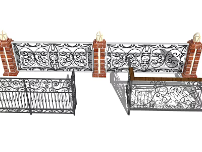 Wrought Iron Fence With Intricate Decorative Patterns And Brick Pillar Supports 3d model
