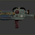 Futuristic Sci Fi Weapon With Red Grip Blue Component And Two Black Discs On Top