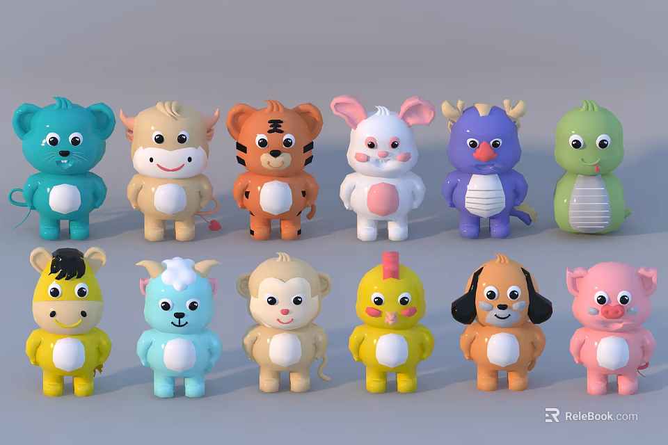 Cute Colorful Animal Figurine Decorative Ornament Set With Various Cartoon Characters 3d model