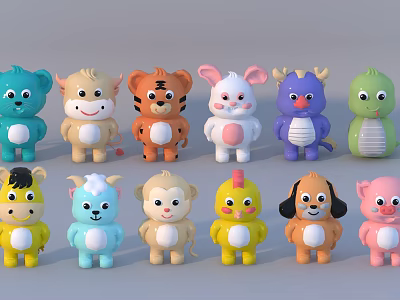 Cute Colorful Animal Figurine Decorative Ornament Set With Various Cartoon Characters 3d model