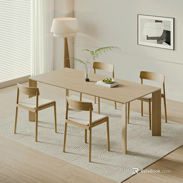 Modern Wooden Dining Table And Chairs Set With Rug And Indoor Plant Decor 3d model 